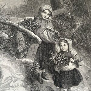 Christmas Eve Bringing Home The Holly 9.25" x 5.75" Antique Engraving/Print